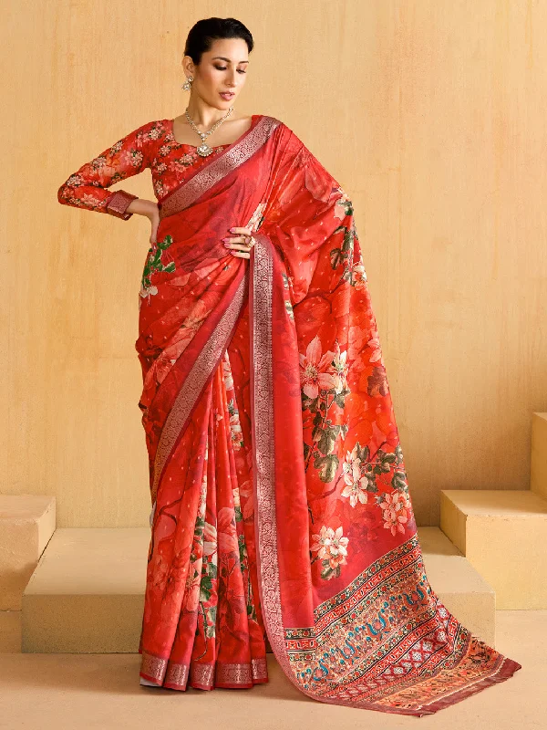 Women's Tussar Silk Red Woven Design Designer Saree With Blouse Piece Silky Draped Blouse