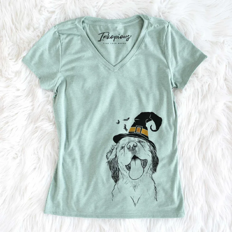 Witch Sven the Double Merle Spaniel Aussie Mix - Women's V-neck Shirt-- Polka Dot Checkered Tartan