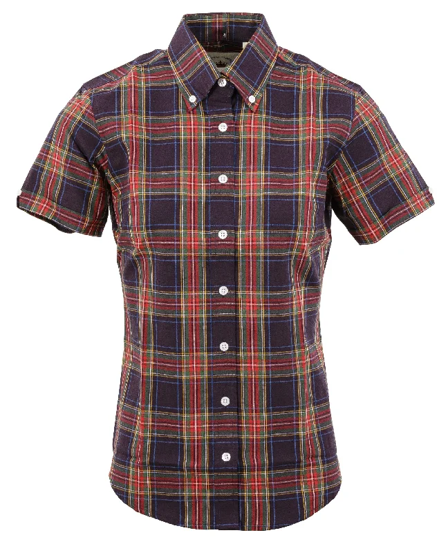 Relco Ladies Retro Navy Check Button Down Short Sleeved Shirts-- Boxy Fit Fitted Loose