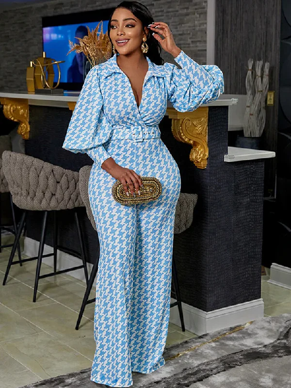 V Neck Houndstooth Shirt & Long Pants-- Anti-Shrink Durable Soft