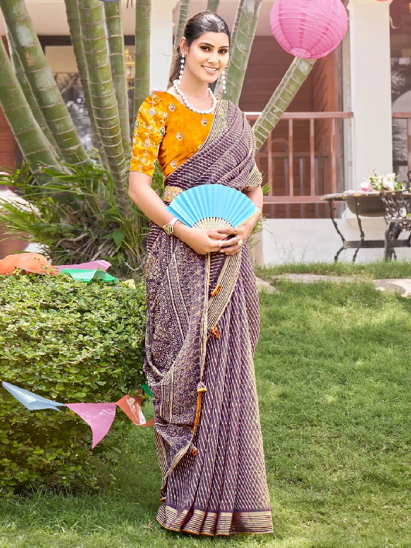Women's Chiffon Mustard Embellished Designer Saree With Blouse Piece Textured Cotton Blouse