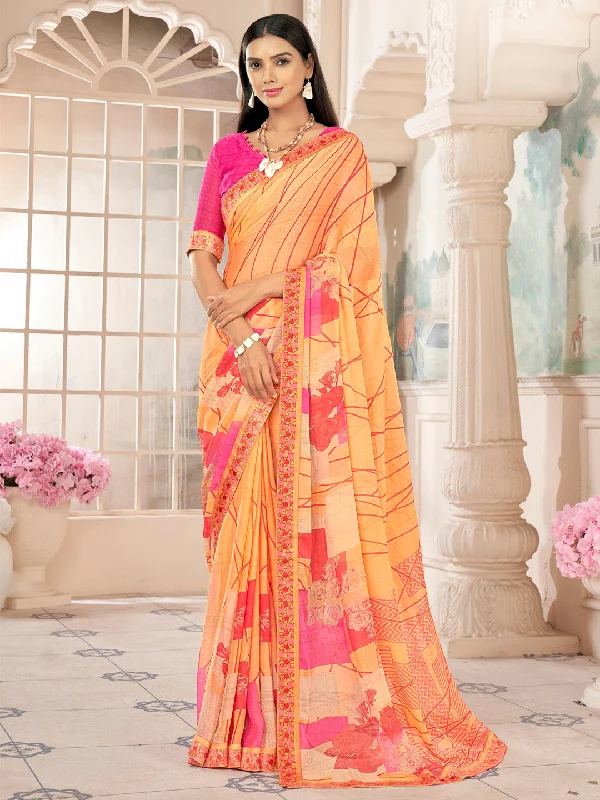 Women's Chiffon Pink Embellished Designer Saree With Blouse Piece Lightweight Chiffon Blouse