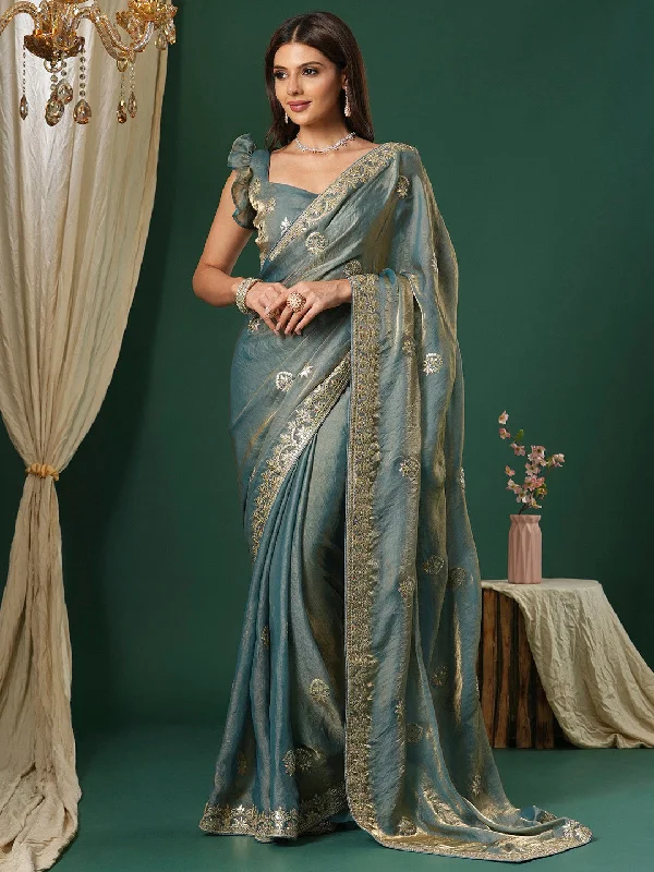 Women's Satin Silk Teal blue Embroidered Designer Saree With Blouse Piece Feminine Puff Blouse