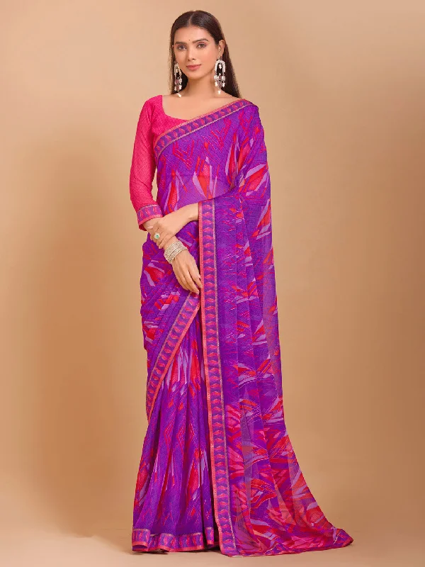 Women's Chiffon Pink Embellished Designer Saree With Blouse Piece Semi-Sheer Blouse