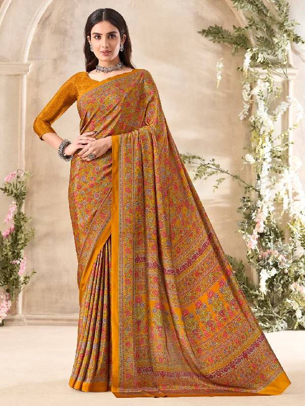Women's Crepe Mustard Printed Designer Saree With Blouse Piece Drape Neck Blouse