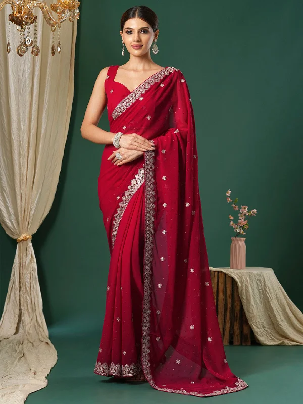 Women's Georgette Pink Embroidered Designer Saree With Blouse Piece Polished Work Blouse