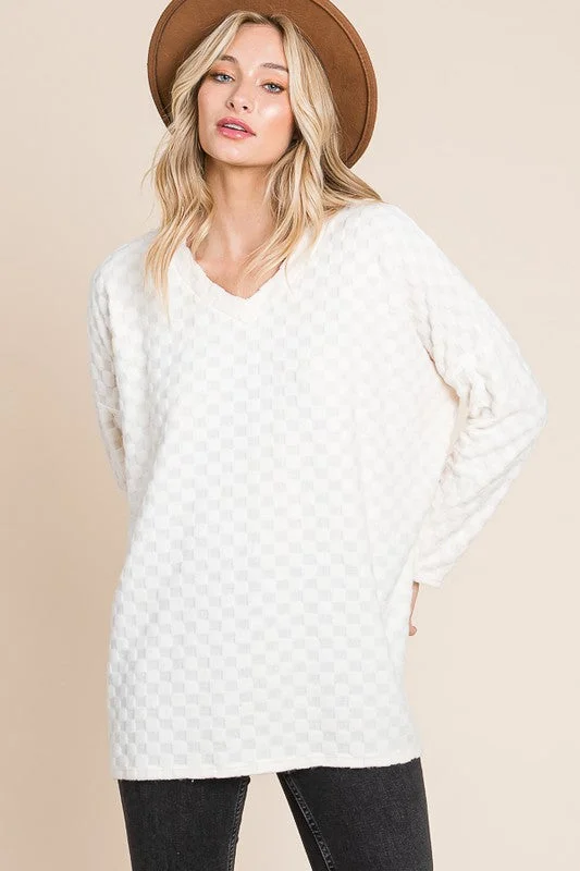 Hazel Blues® |  BOMBOM Checkered Long Sleeve V-Neck T-Shirt-- Silk Blend Satin Velvet
