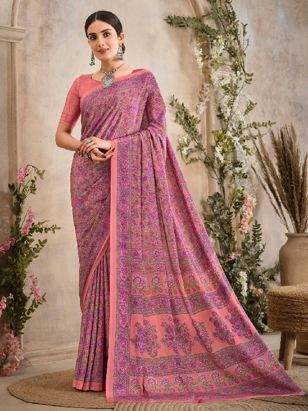 Women's Crepe Peach Printed Designer Saree With Blouse Piece Feminine Satin Blouse
