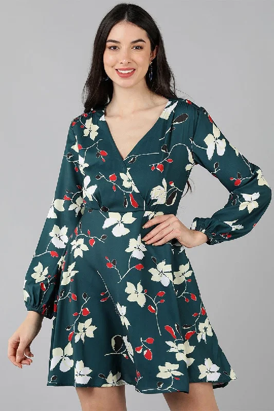 Ahika Green Polyester Floral Print Flared Mini Dress Cozy Sweater Mini Dress