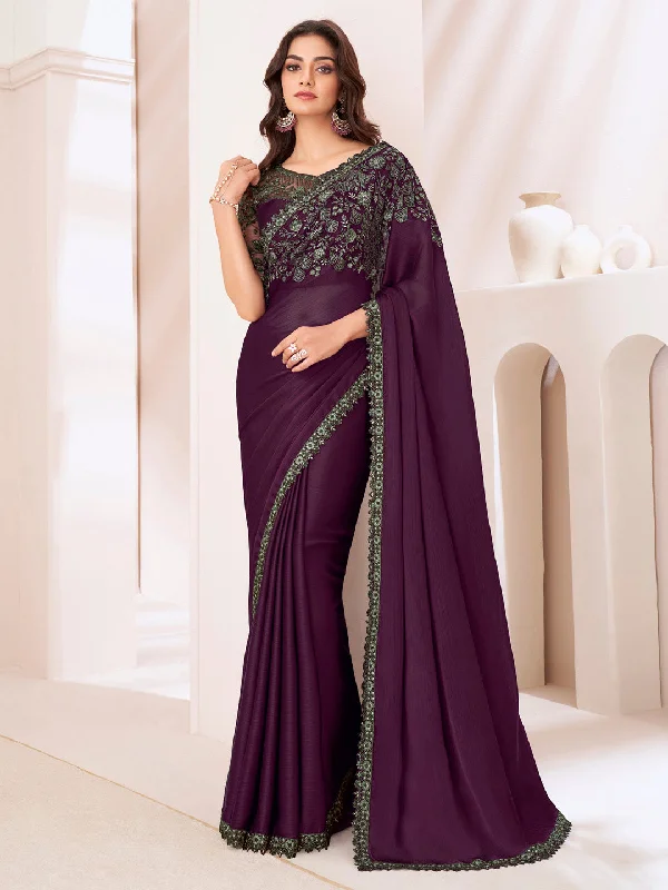 Women's Pure Chiffon Magenta Embellished Designer Saree With Blouse Piece Cotton Casual Blouse
