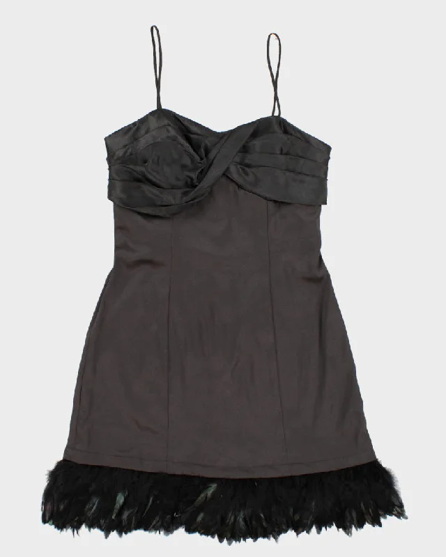 Vintage 90s Black Satin Feathered Mini Dress - S Fashionable Lace-Trim Mini Dress