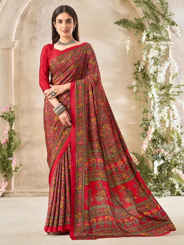 Women's Crepe Red Printed Designer Saree With Blouse Piece Loose Fit Blouse