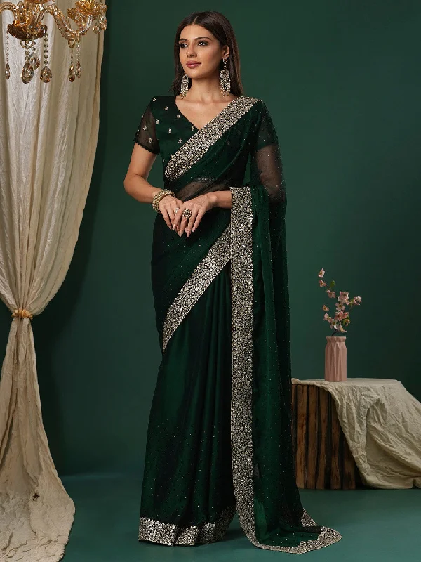 Women's Chiffon Dark Green Embroidered Designer Saree With Blouse Piece Asymmetric Hem Blouse