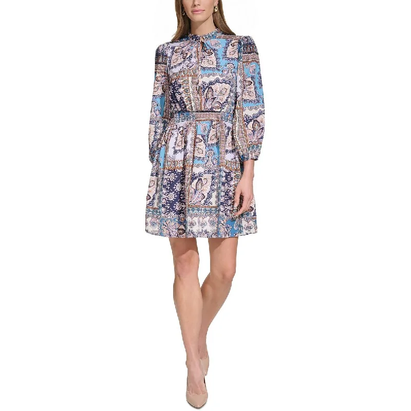 Womens Tie Neck Short Mini Dress Comfortable Fit-and-Flare Mini Dress