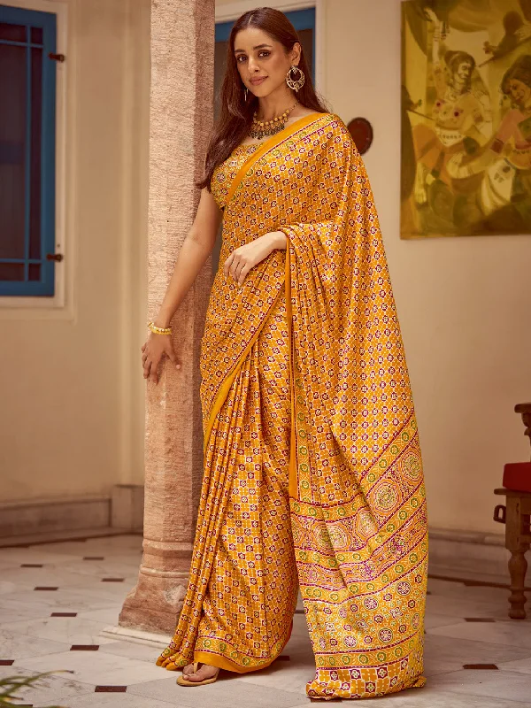 Women's Crepe Mustard Printed Designer Saree With Blouse Piece Sheer Sleeve Blouse