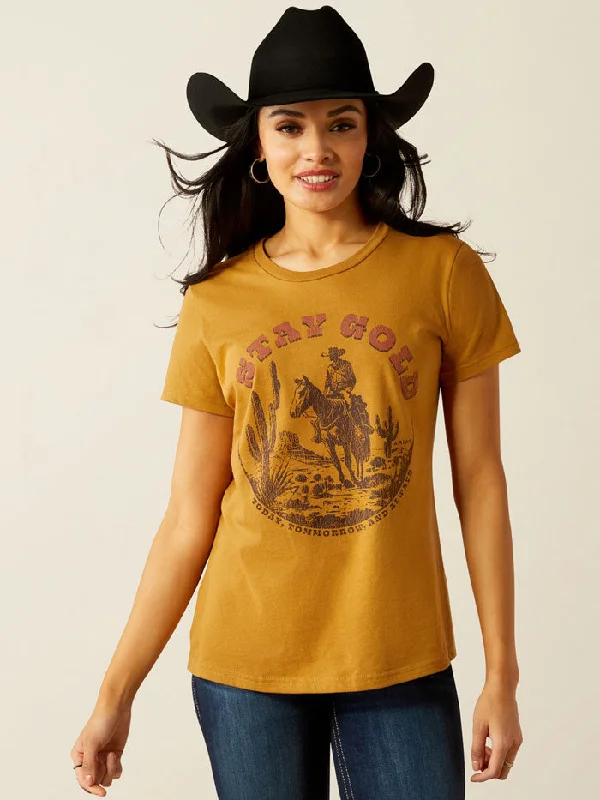 Ariat 10054035 Womens Stay Gold T-Shirt Harvest Gold-- Plaid T-Shirt Polka Dot Checkered