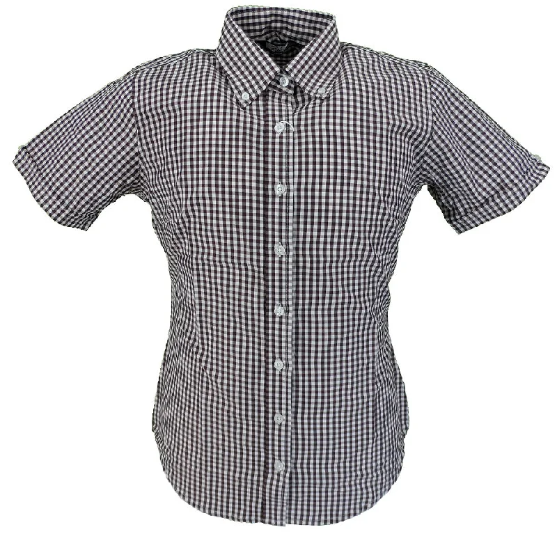 Relco Retro Burgundy Gingham Ladies Button Down Short Sleeved Shirts-- Hooded Caped Shawl Collar