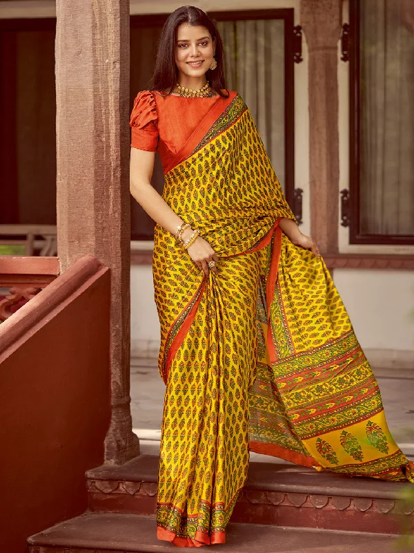 Women's Crepe Orange Printed Designer Saree With Blouse Piece Office-Ready Blouse