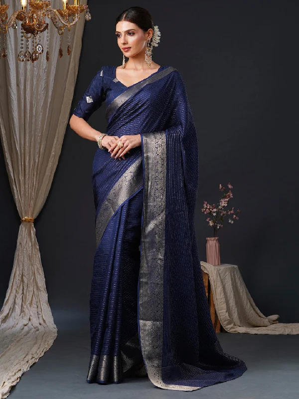 Women's Viscose Navy Blue Woven Design Designer Saree With Blouse Piece Stretchy Fitted Blouse