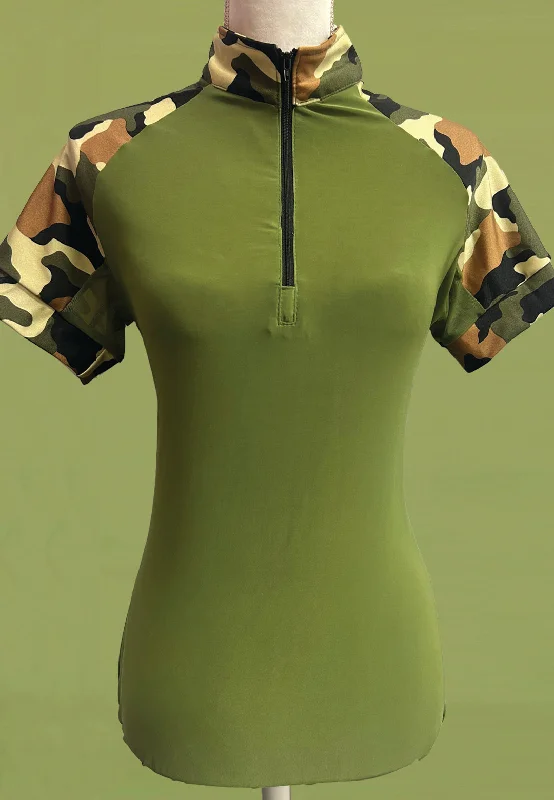 It's a Haggerty's Womens SS Sun Shirt - Olive with Camo Sleeves + Back, M-- Mesh Canvas Denim