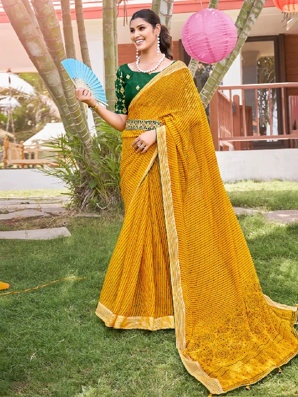 Women's Chiffon Green Embellished Designer Saree With Blouse Piece Feminine Puff Blouse