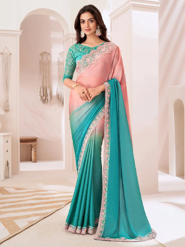 Women's Pure Chiffon Turquoise Embellished Designer Saree With Blouse Piece Ruffled Neck Blouse