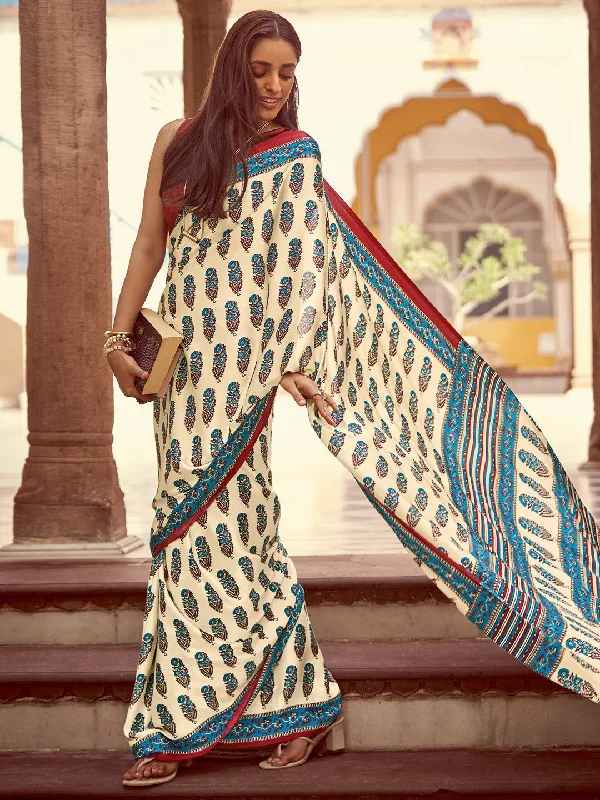 Women's Crepe Red Printed Designer Saree With Blouse Piece Peter Pan Collar Blouse