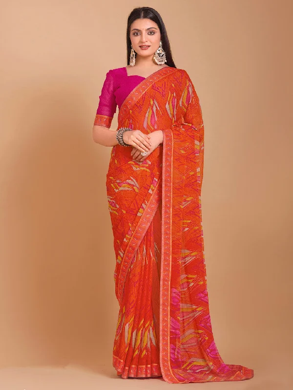 Women's Chiffon Pink Embellished Designer Saree With Blouse Piece High Neck Blouse