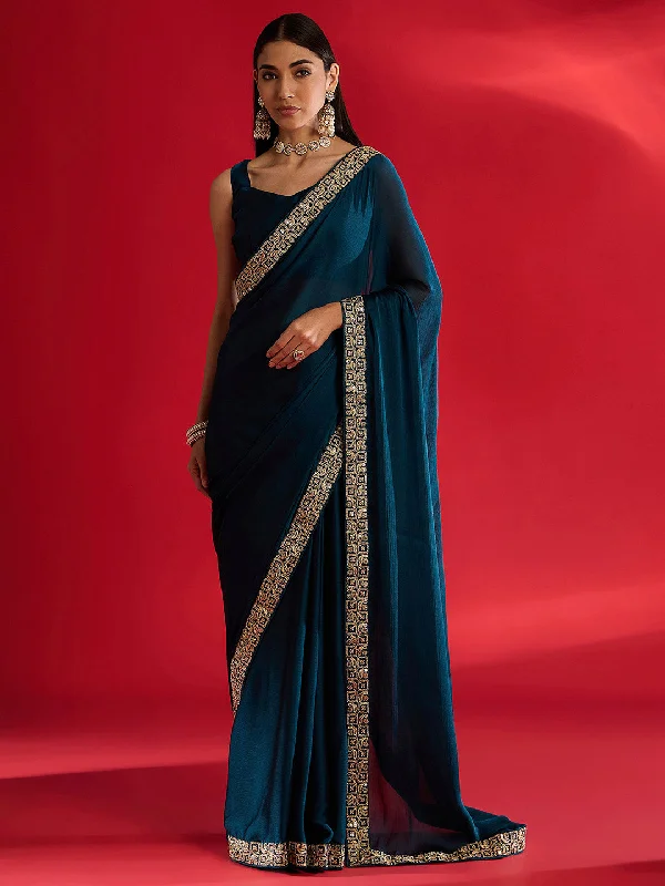 Women's Satin Blue Embellished Designer Saree With Blouse Piece Sweetheart Neck Blouse