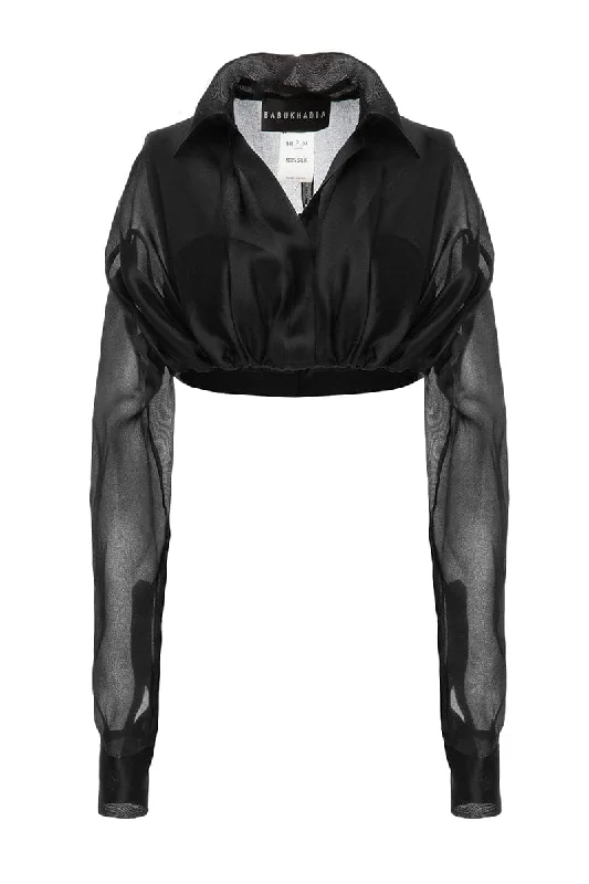 CROPPED BLACK SILK SHIRT-- Fashionable Trendy Casual