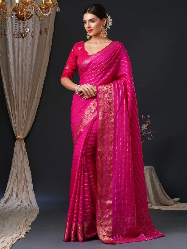 Women's Viscose Pink Woven Design Designer Saree With Blouse Piece Gathered Detail Blouse