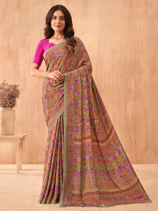 Women's Crepe Pink Printed Designer Saree With Blouse Piece Elegant Embroidery Blouse