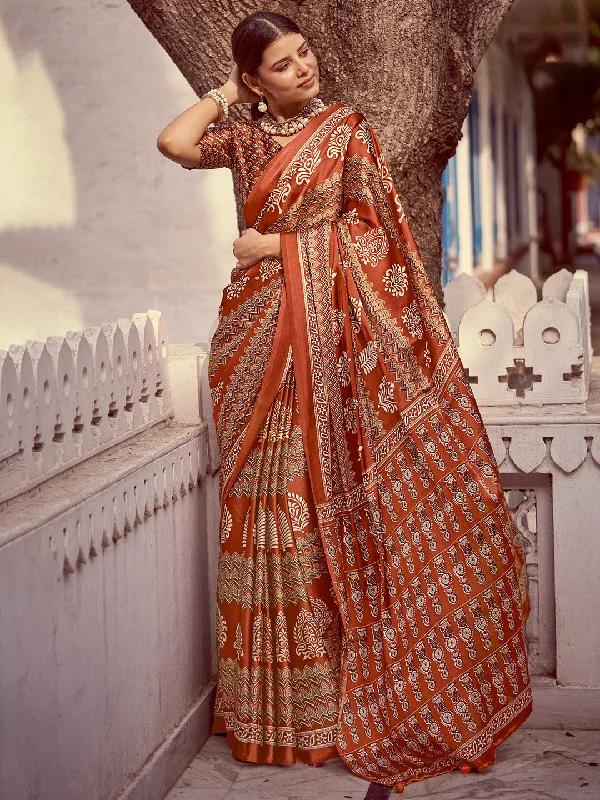 Women's Crepe Rust Printed Designer Saree With Blouse Piece Loose Oversized Blouse