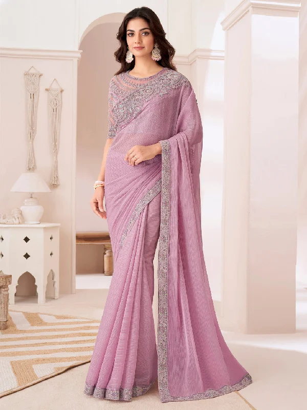 Women's Pure Chiffon Pink Embellished Designer Saree With Blouse Piece Peter Pan Blouse