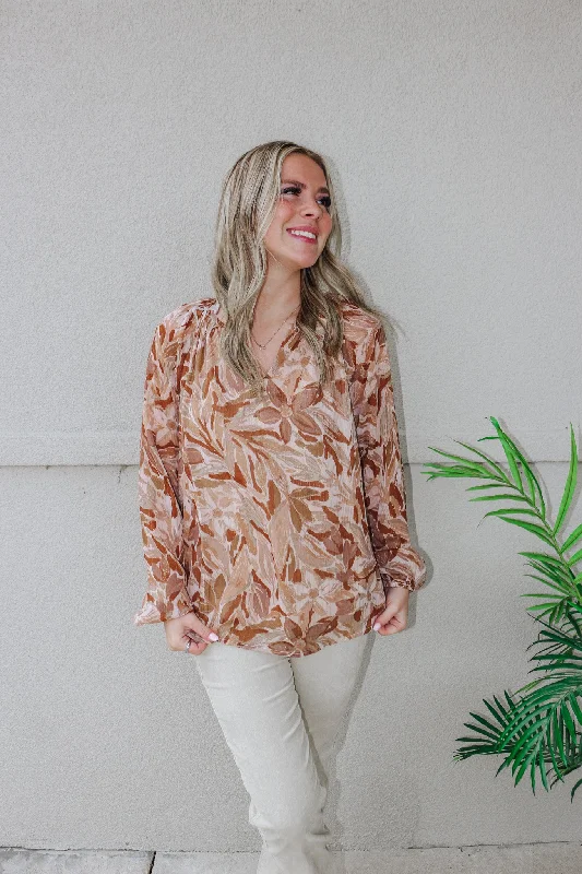 Lover Of Floral Mocha Blouse Pleated Collar Blouse