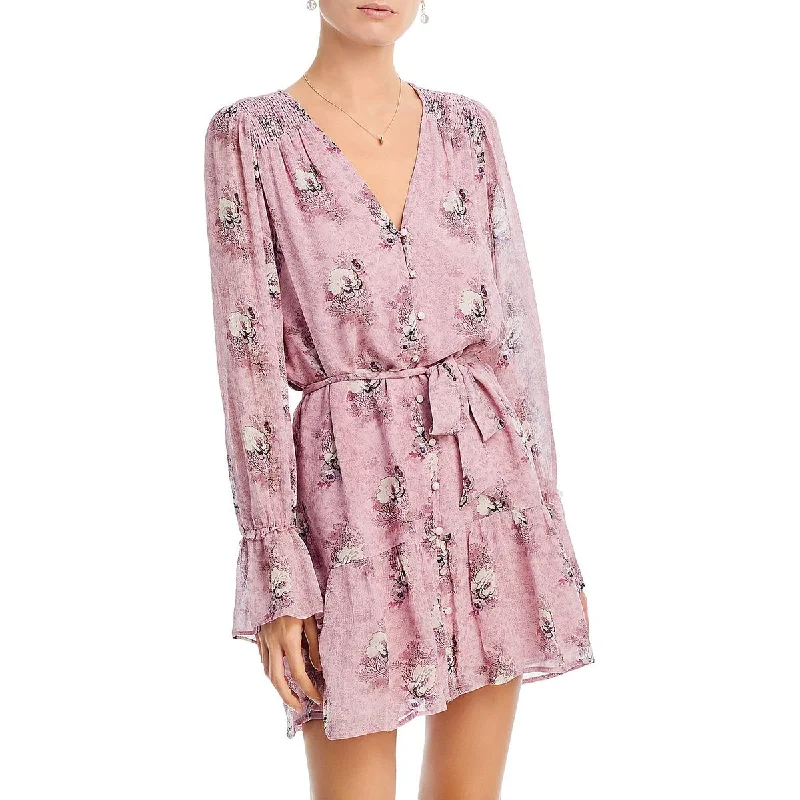 Womens V Neck Floral Mini Dress Stylish Ruffle Mini Dress