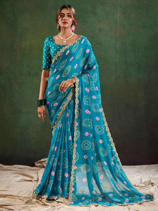 Women's Pure Chiffon Light Blue Embellished Designer Saree With Blouse Piece Balloon Sleeve Blouse