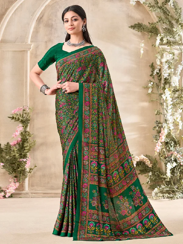 Women's Crepe Green Printed Designer Saree With Blouse Piece Office Formal Blouse