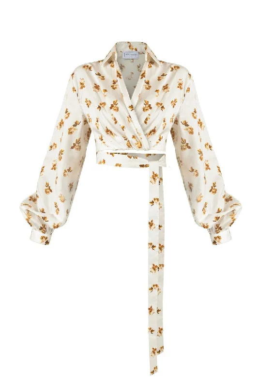 CREME WHITE FLORAL LONG SLEEVED SHIRT-- Collared Crew Neck Turtle Neck