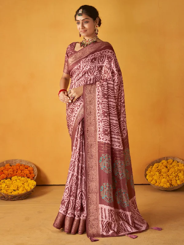 Women's Tussar Silk Brown Printed Designer Saree With Blouse Piece Vintage Polka Blouse