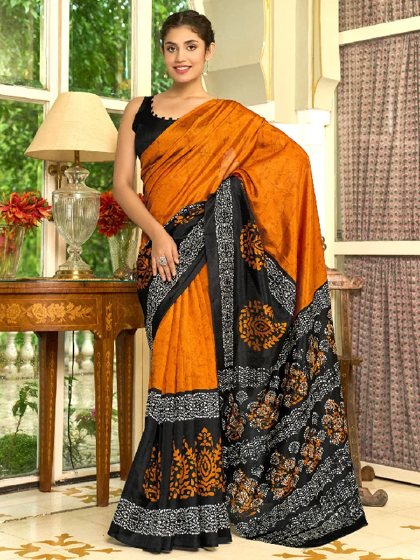 Women's Bhagalpuri Silk Black Printed Designer Saree With Blouse Piece Airy Cotton Blouse