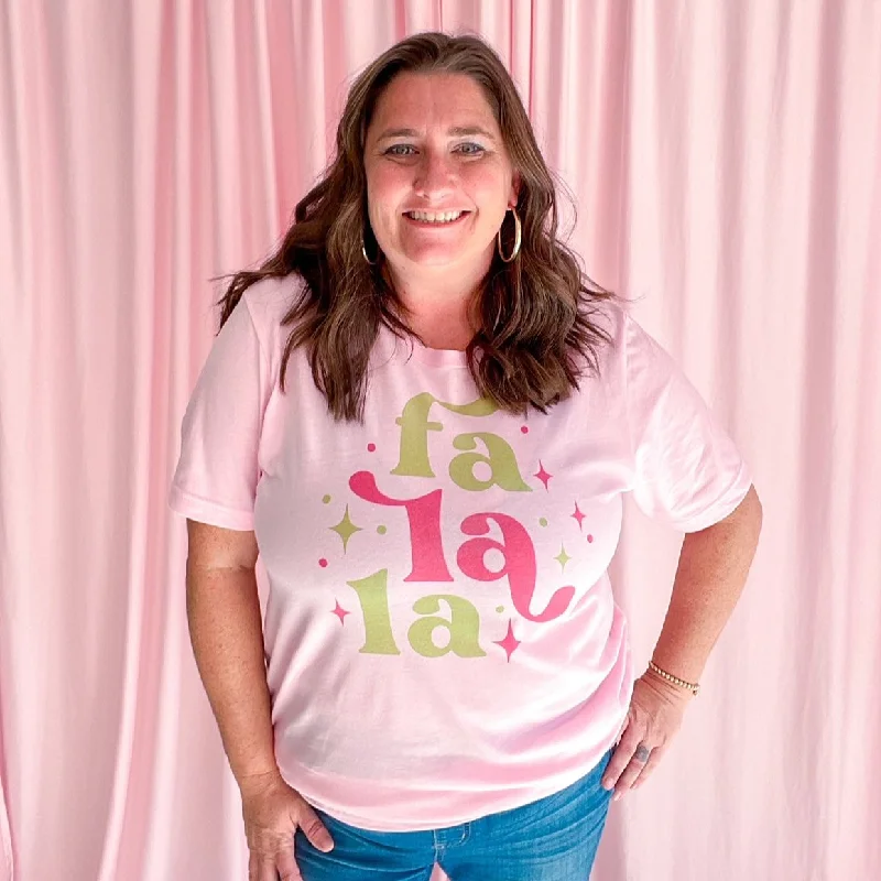 Christmas Themed - Fa La La - Light Pink Bella Canvas Tshirt - Women's Tshirts S156-- Graphic Embroidered Appliqued