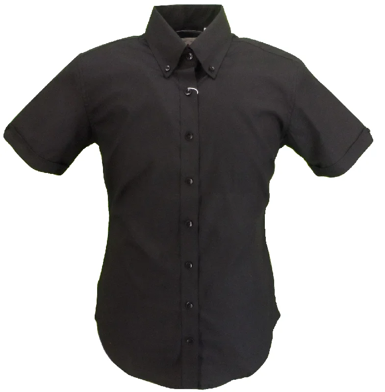 Relco Retro Black Oxford Ladies Button Down Short Sleeved Shirts-- Terry Blend Velvet Blend Canvas Blend