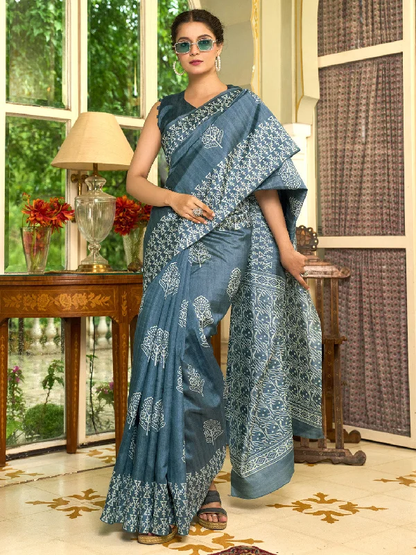 Women's Bhagalpuri Silk Grey Printed Designer Saree With Blouse Piece Floral Chiffon Blouse