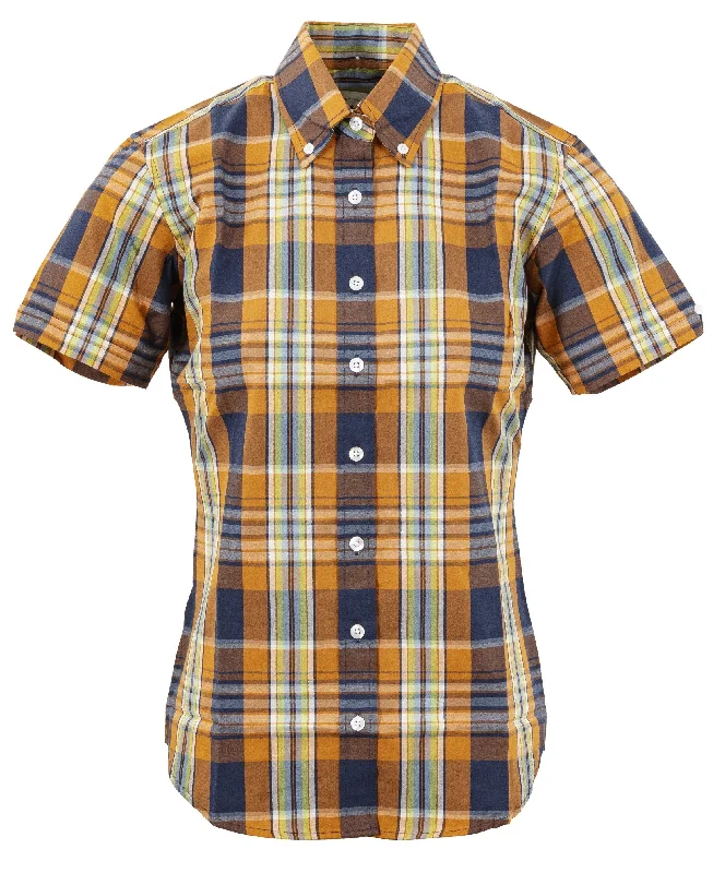 Relco Ladies Retro Orange Check Button Down Short Sleeved Shirts-- Layered Multi-layer Single Layer