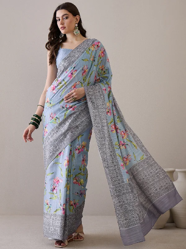Women's Silk Blend Grey Printed Designer Saree With Blouse Piece Peter Pan Blouse