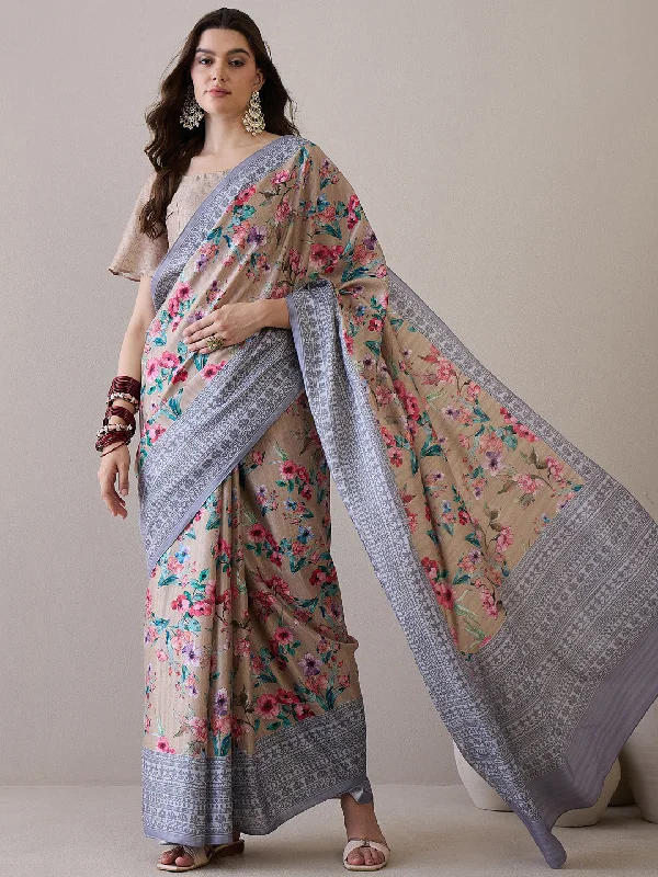 Women's Silk Blend Beige Printed Designer Saree With Blouse Piece Cotton Casual Blouse