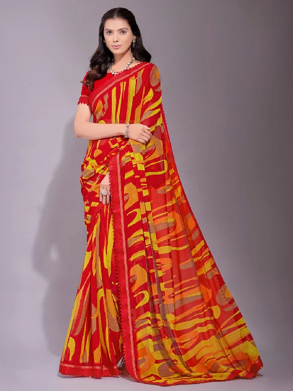 Women's Chiffon Red Printed Designer Saree With Blouse Piece Double-Layered Blouse