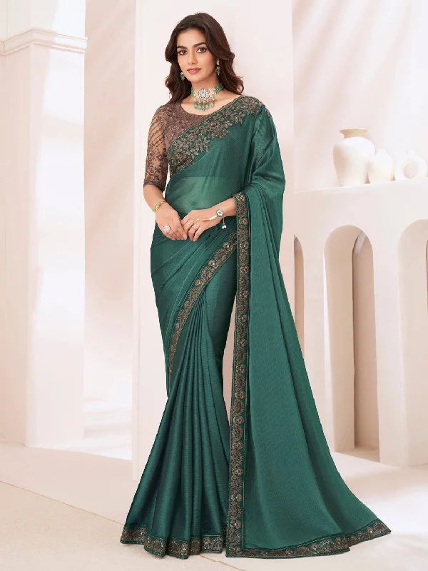 Women's Pure Georgette Brown Embellished Designer Saree With Blouse Piece Vintage Polka Blouse