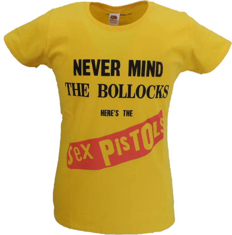 Ladies Official Licensed Yellow Sex Pistols  NMTB T Shirt-- Notch Collar Peter Pan Collar Cowl Neck